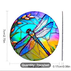 NIP 2 PURPLE DRAGONFLY CAR COASTERS. 2.75” CIRCULAR FAUX LEATHER CUP HOLDER.